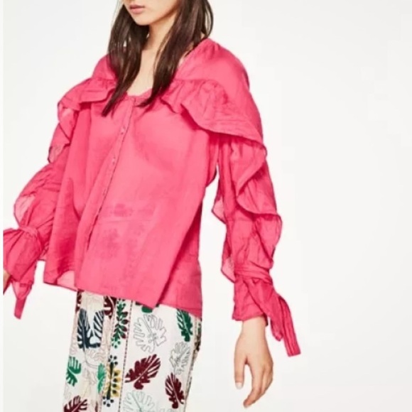 ZARA Pink Ruffle Ramie Blouse Size S NEW - Picture 1 of 13